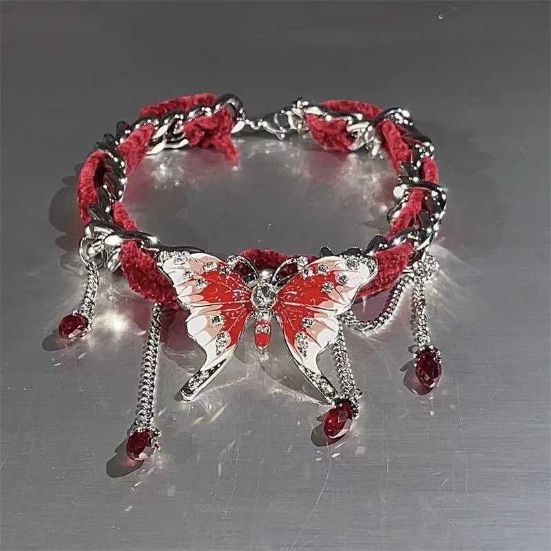 新中式小众红丝绒蝴蝶流苏项链