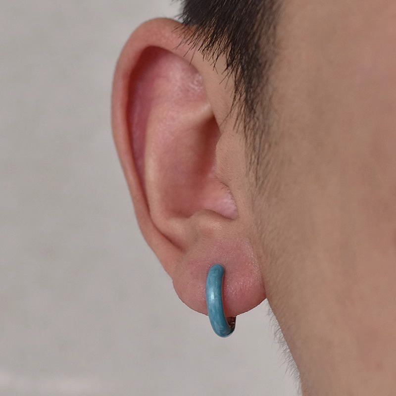 蓝色纹路素圈独特耳环男士复古