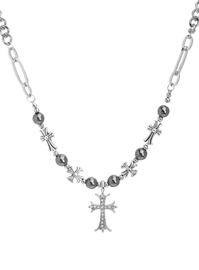 欧美哥特风串珠十字架项链男潮