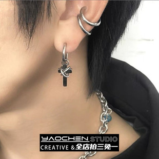 制裁捆绑十字架耳环男潮钛钢朋克高街吊坠耳钉耳饰小众设计高级感