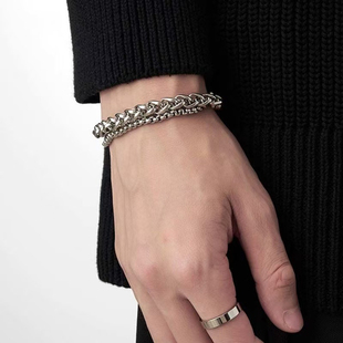 原创设计双层叠戴龙骨手链男小众高级感嘻哈简约气质钛钢手饰品