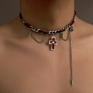 暗黑红十字架项链颈链男小众y2k亚文化皮质choker嘻哈辣妹项圈女