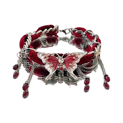 新中式小众红丝绒蝴蝶流苏项链