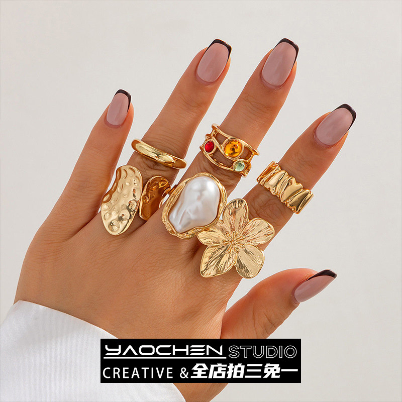 6件套巴洛克花朵仿珍珠戒指套装 新潮个性时尚网红风格指环组合,饰品/流行首饰/时尚饰品新,戒指/指环,淘宝优惠券,粉丝福利购,淘宝优惠卷