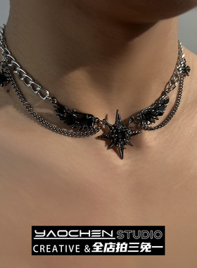 暗黑风芒星宝石镶钻翅膀嘻哈街头项链男女小众原创设计高级感颈链