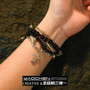 多层串珠十字架男款手链女生嘻哈风小众设计高级感情侣款手腕饰品
