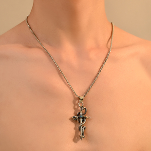 Vintage 古着盘蛇剑十字架项链男士小众设计高级感毛衣链长款颈链