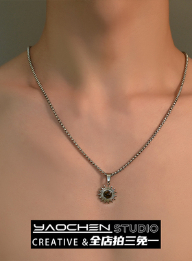 复古太阳花吊坠不锈钢项链男款