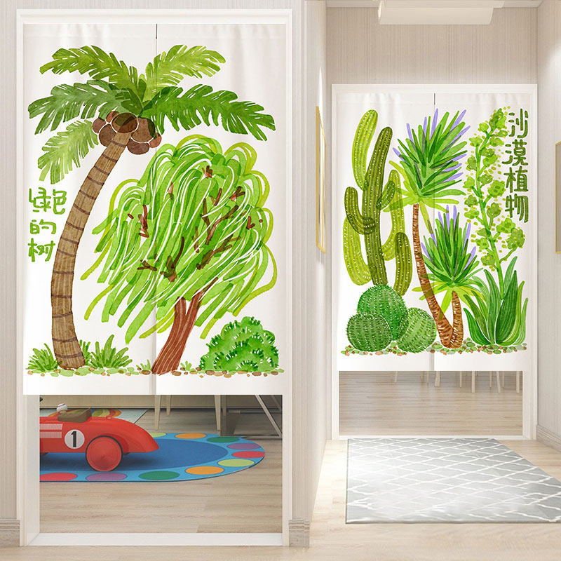 植物门帘创意插画隔断窗免打孔家用厨房半帘短门帘卧室厕所遮挡帘