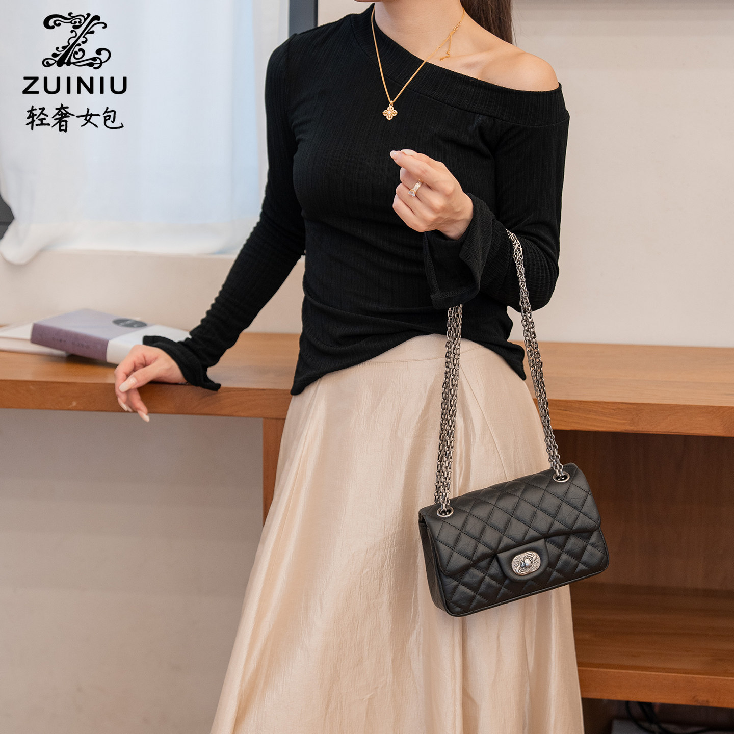 醉牛轻奢女包真皮包包菱格链条包女小包轻奢百搭斜挎包黑色小香风