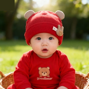 婴儿帽子秋冬季宝宝过年红色胎帽婴幼儿周岁帽保暖喜庆护耳帽冬天