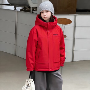 女童羽绒服中大童短款红色新年战衣加厚外套百搭男女款2026新款