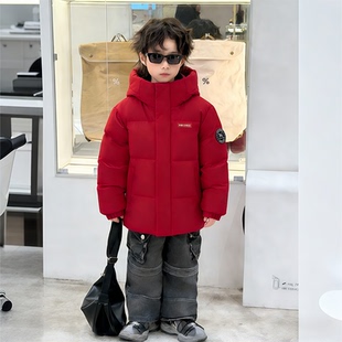 鸭鸭羽绒服红色短款男童新年帅气保暖外套中小童防寒加厚新款冬装