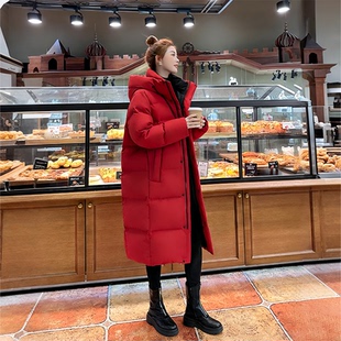 yaya鸭鸭羽绒服长款女款红色新年超好看外套加厚保暖收腰新款冬装