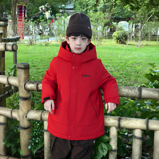 儿童男款羽绒服短款红色户外休闲加厚外套中大童男女款2026童装