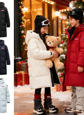 鸭鸭儿童羽绒服红色女童亲子款2025新款中长款中大童高充绒量外套