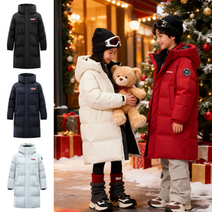 鸭鸭儿童羽绒服红色女童亲子款2025新款中长款中大童高充绒量外套
