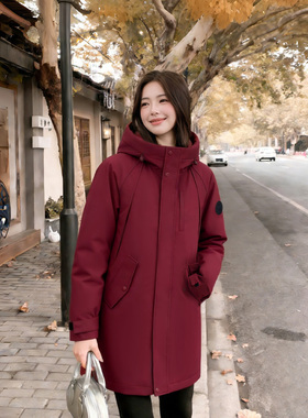 yaya鸭鸭羽绒服女2025新款冬红色高充绒中长款冬季工装登山厚外套