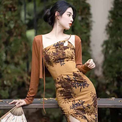 新中式国风吊带旗袍套装女春夏复古两件套辣妹小众设计修身连衣裙