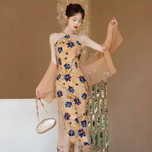 新中式女装油画性感吊带挂脖连衣裙改良旗袍复古民国风长裙子夏季