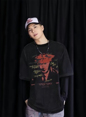 王嘉尔同款MAGICMAN头像字母印花演唱会做旧水洗重磅宽松纯棉短袖