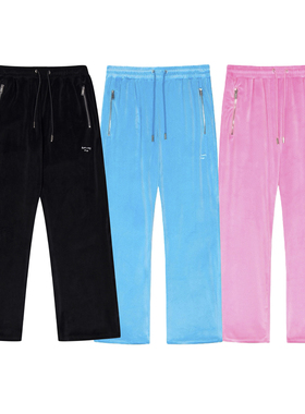 王嘉尔同款TEAMWANG绒面丝滑刺绣字母直筒休闲长裤高街复古简约