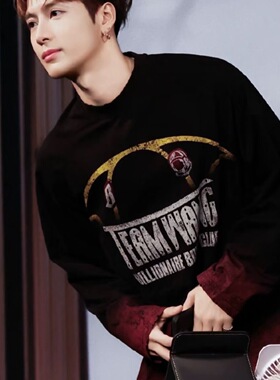 TW同款王嘉尔BBC联名渐变设计美式做旧水洗印花宽松长袖T恤男女