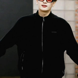 王嘉尔同款夹克TEAMWANG灯芯绒拉链立领外套硅胶字母简约百搭潮牌