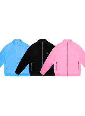 王嘉尔同款夹克TEAMWANG字母刺绣丝绒面拉链立领外套简约百搭潮牌