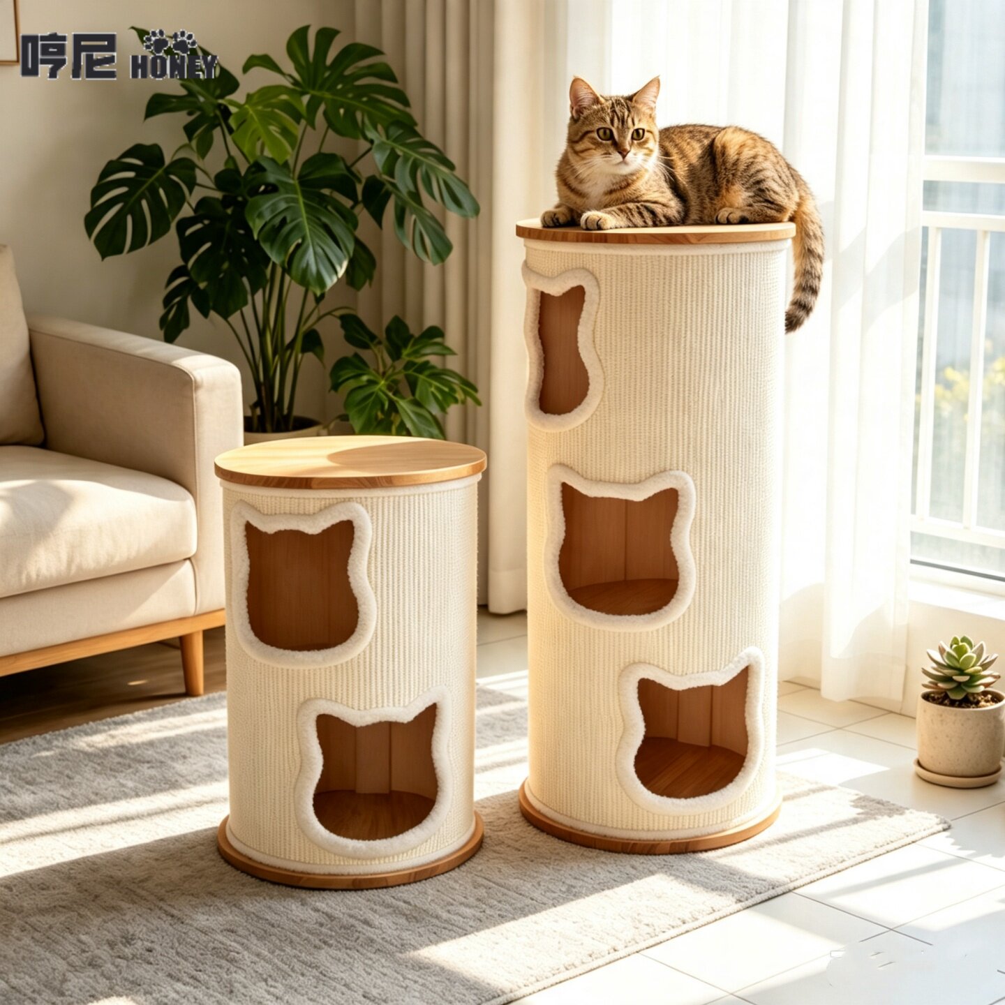 哼尼实木猫脸剑麻筒一体多层猫桶猫爬架