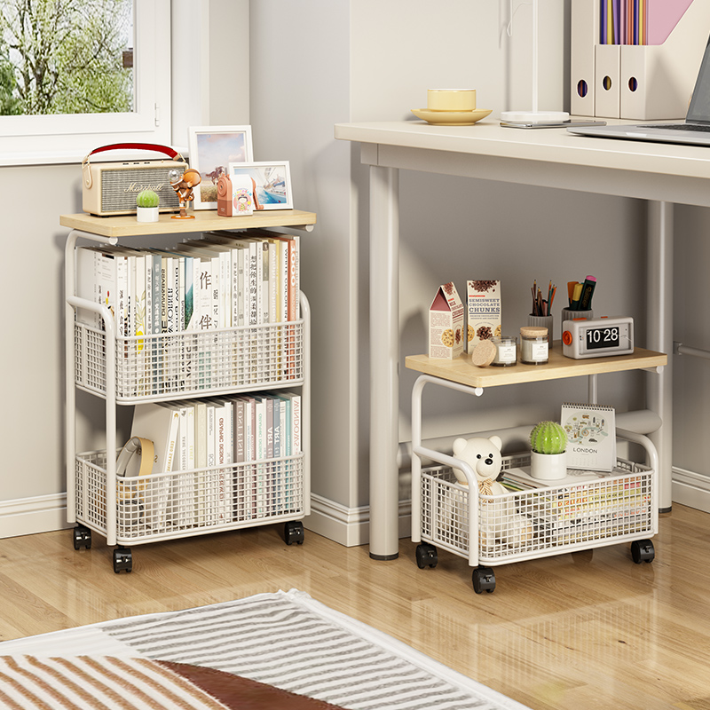 书架落地置物架带轮书本收纳小推车可移动桌边小书架办公桌文件架