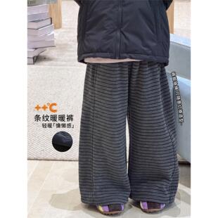 全棉【A类】10.7新款上新）女童裤子冬装加绒休闲条纹儿童直筒阔
