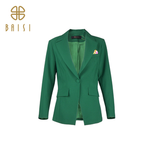 百丝清新浪漫绿色职业西装2023冬季新品设计感小心机V领收腰外套