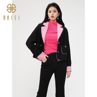 百丝小香风撞色翻领长袖上衣2024冬季新品可盐可甜短款外套女