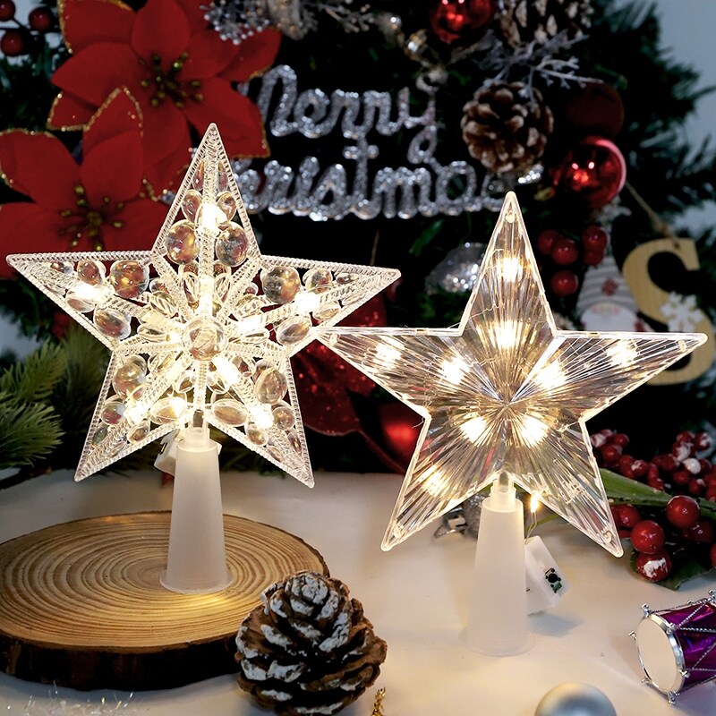 圣诞发光15cm树顶星圣诞树装饰品圣诞透明带灯五角星圣诞节灯饰