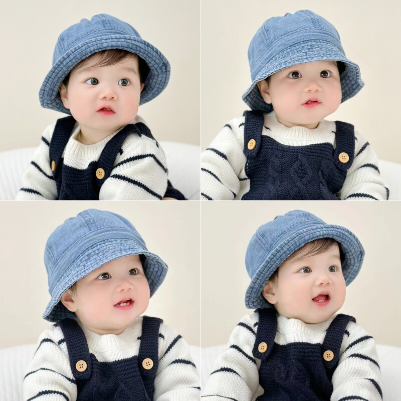婴儿帽子春秋款女宝宝牛仔渔夫帽超萌洋气婴幼儿春天外出遮阳盆帽
