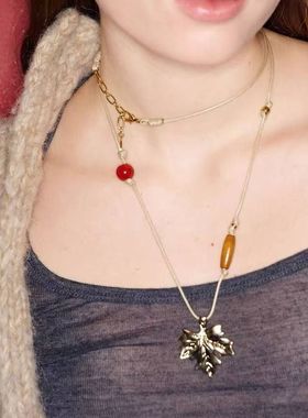 枫叶爆款女木珠手工项链 串珠新款中长款 简约2025红玛瑙毛衣编织