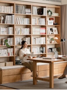 全实木满墙书架红橡木带卡座落地柜组合书柜展示柜