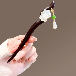 古风双面莲花流苏檀木发簪女简约国风日常步摇发钗高级感盘发簪子