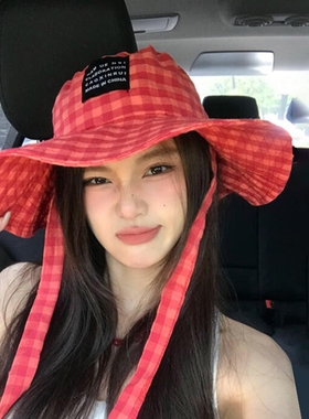 红色格子遮阳帽女防晒大帽檐户外防紫外线防晒显白渔夫帽2024新款