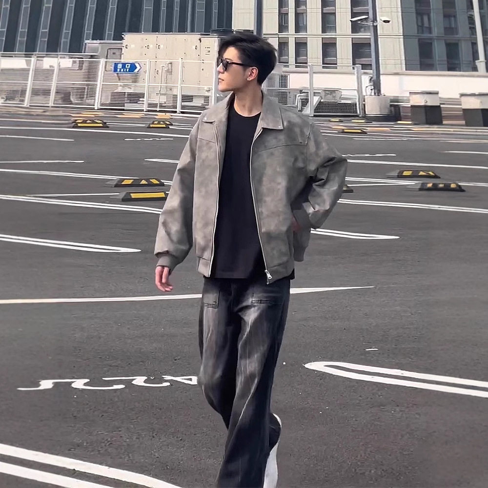 2025秋冬百搭灰色短款皮衣外套美式痞帅感男装复古翻领机车皮夹克