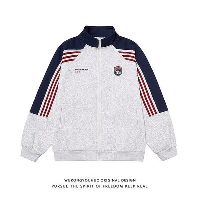 美式条纹撞色立领宽松夹克男