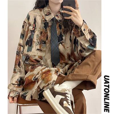 日系复古油画印花宽松长袖衬衫