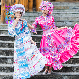 绣姑苗族云南蒙自文山服装少数民族帽子粉色蓝色绣花长裙整套定制