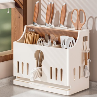 不锈钢免打孔刀架置物架收纳厨房壁挂菜刀具勺子筷子筒一体收纳架