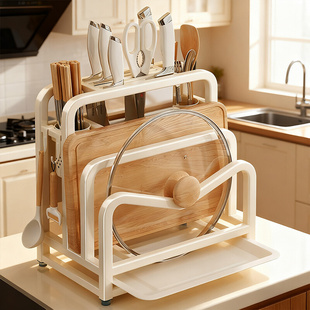 厨房新款不锈钢刀架菜板锅盖置物架多功能刀具筷子一体放置收纳架