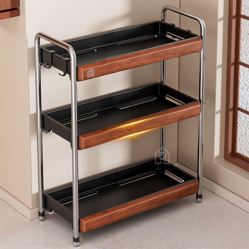 中古风橡木调料品置物架多功能厨房台面调料罐调味料瓶刀架收纳架