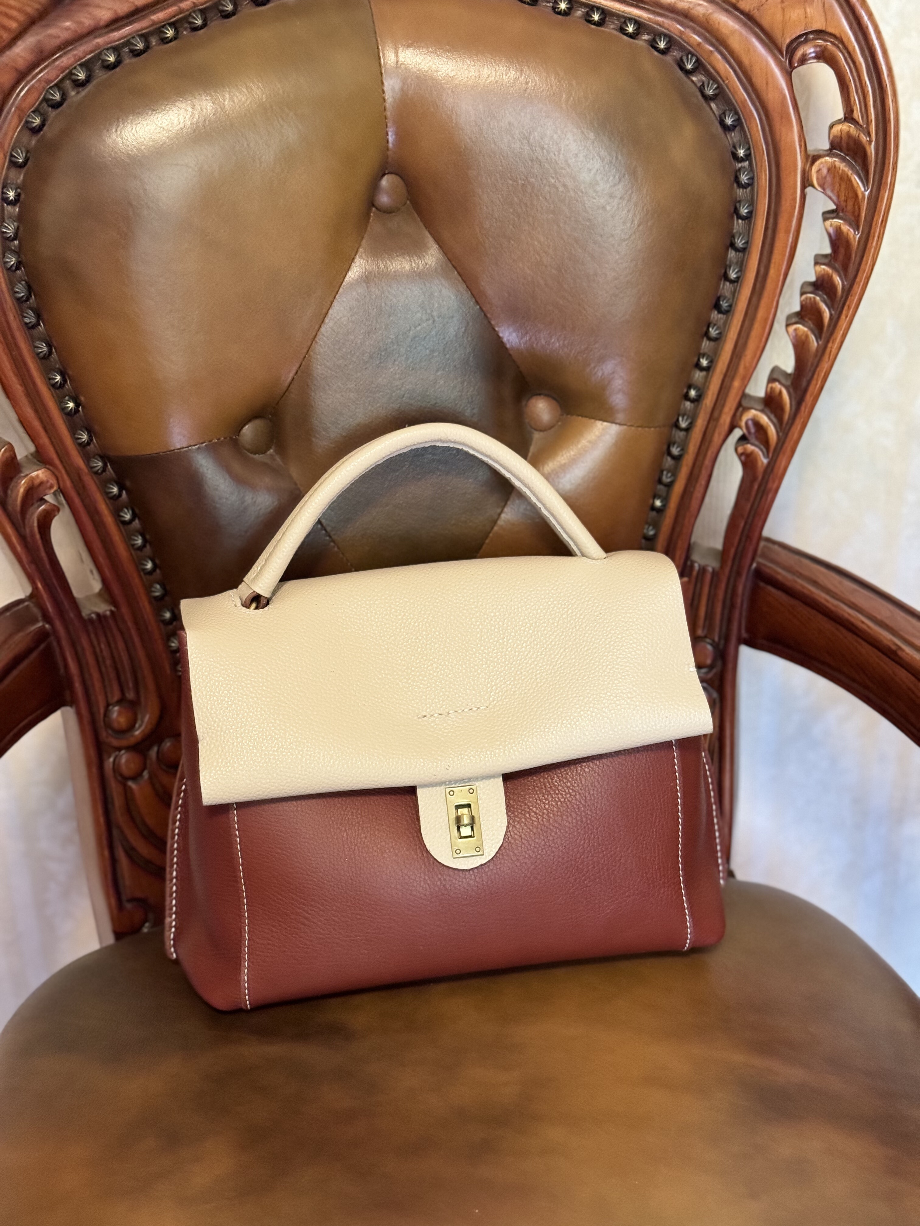 手工荔枝纹头层牛皮复古真皮单肩斜挎手提大容量拼色软皮女包