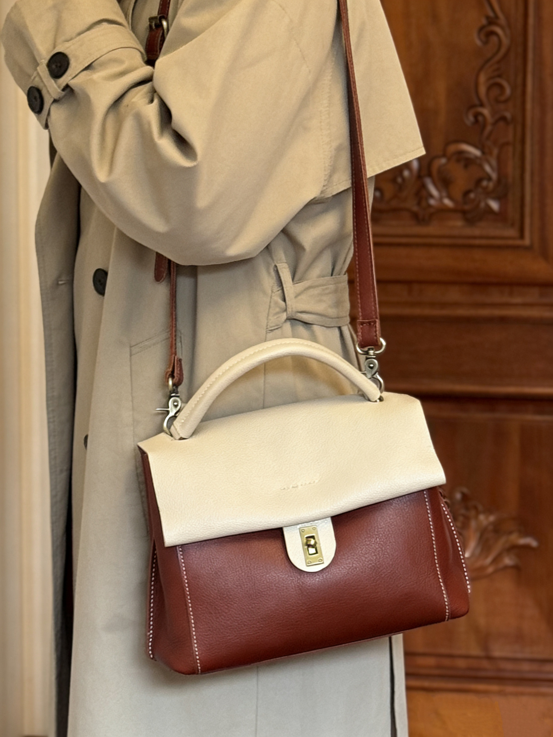 手工荔枝纹头层牛皮复古真皮单肩斜挎手提大容量拼色软皮女包