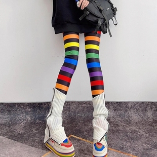 2026新款打底裤女外穿春秋薄款彩色横条纹彩虹时尚洋气裤子潮